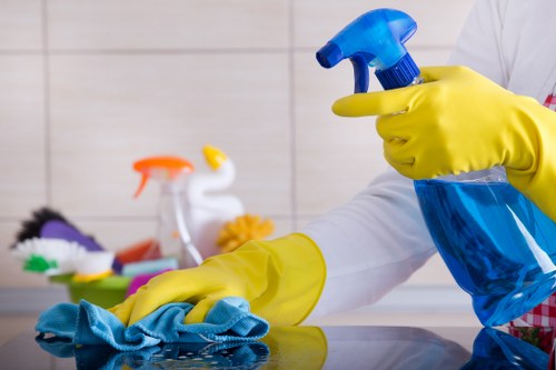 Professional cleaners working in a Canary Wharf office space