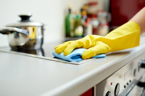 Local cleaning team preparing a Canary Wharf flat for tenancy handover